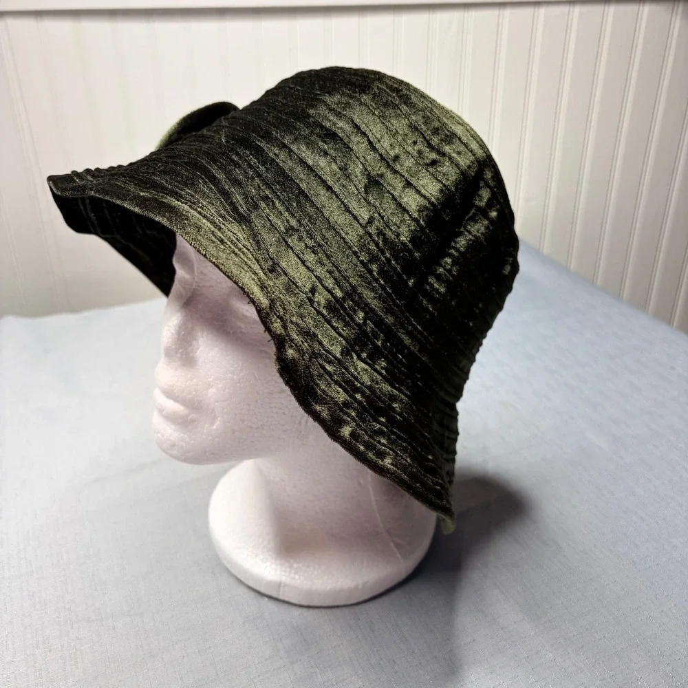 F.C.C Cloche Bucket Hat OSFA Olive Green Crushed Velvet Rosette Flower Accent